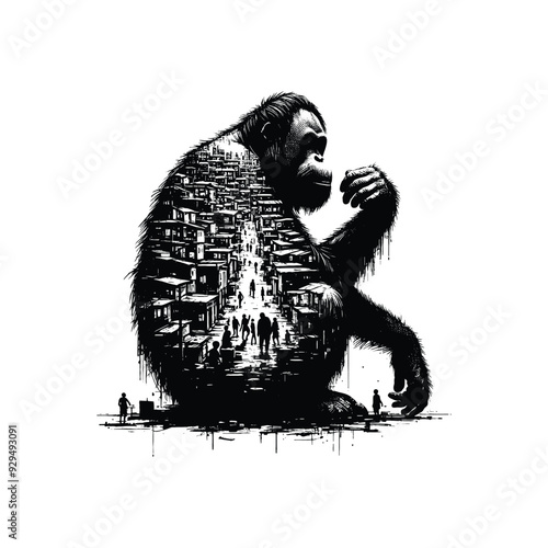 silhouette of orangutan filled with ghetto street in rough drawing,