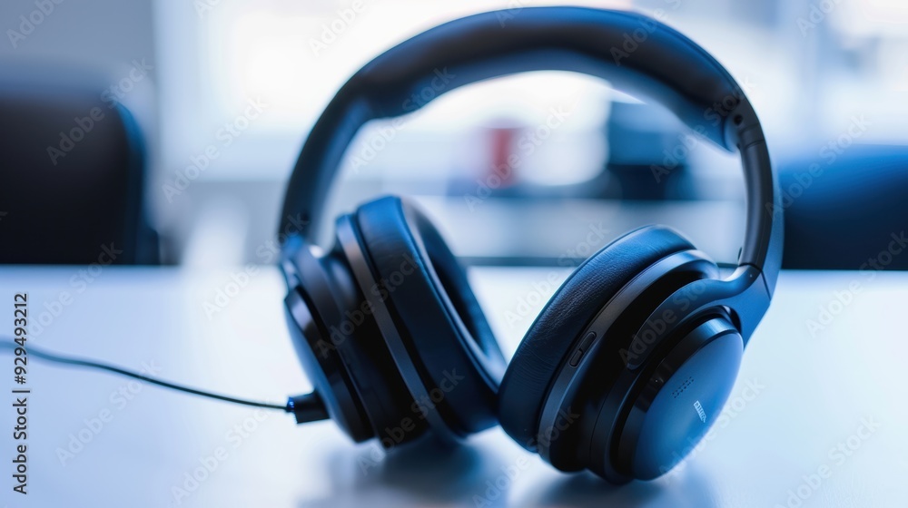 Black wireless headphones resting on a desk in an office, prepared for a productive day of music and calls Black wireless headphones resting on a desk in an office, prepared for a productive day of music and calls