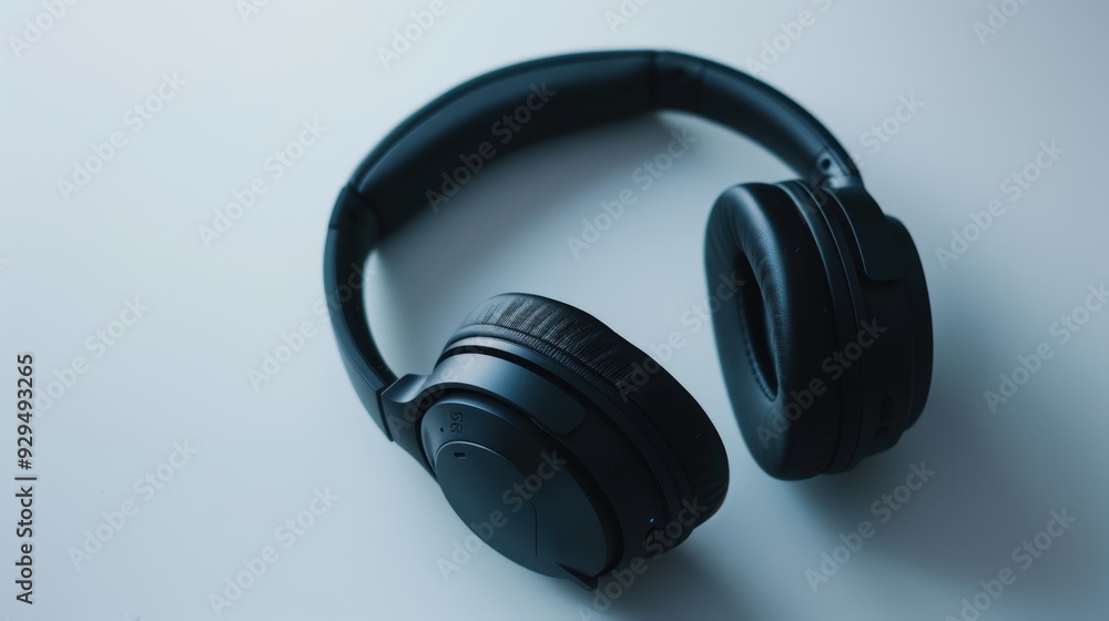 Pair of modern wireless headphones is lying on a white surface, emphasizing their sleek design and portability Pair of modern wireless headphones is lying on a white surface, emphasizing their sleek design and portability