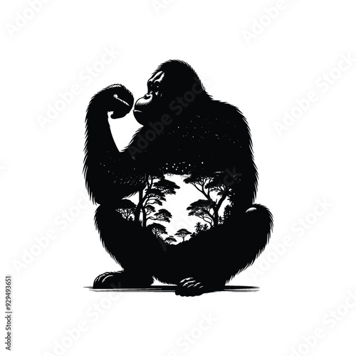 silhouette of orangutan filled with nature night view in rough drawing,