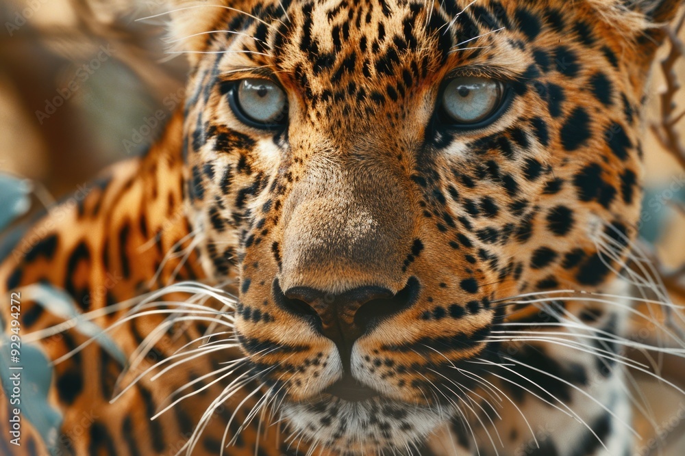 A close-up shot of a leopard's face with bright blue eyes, highlighting its unique features A close-up shot of a leopard's face with bright blue eyes, highlighting its unique features