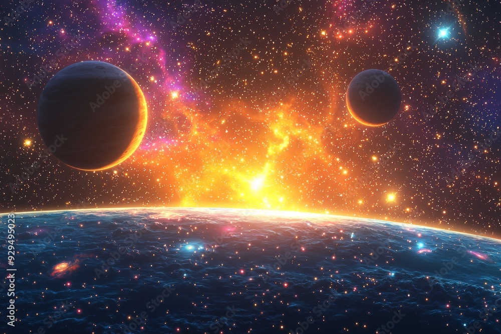 Obraz premium Space cosmic illustration with planets scene created with Generative AI