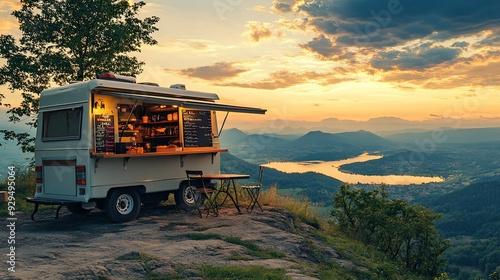 A food truck parked on a scenic overlook, with space for poster content and branding elements.