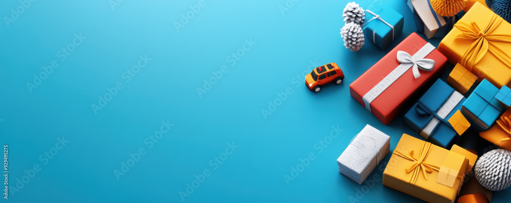 Naklejka premium A collection of colorful gift boxes with a small toy car on a blue background, with ample space for text or messages.
