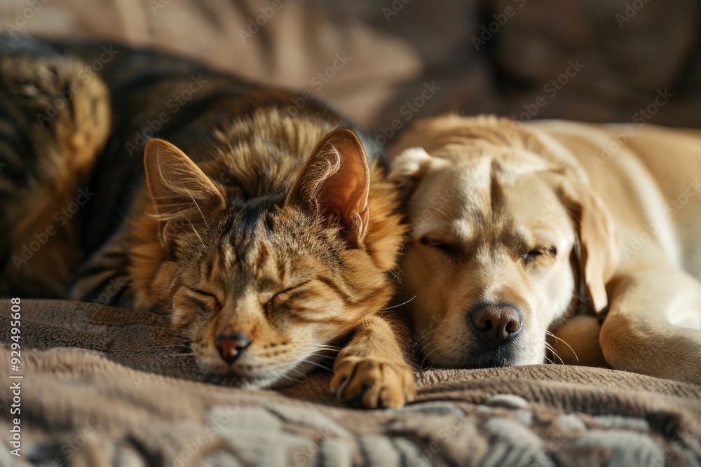 A dog and a cat resting together on a sofa, great for home or office use A dog and a cat resting together on a sofa, great for home or office use