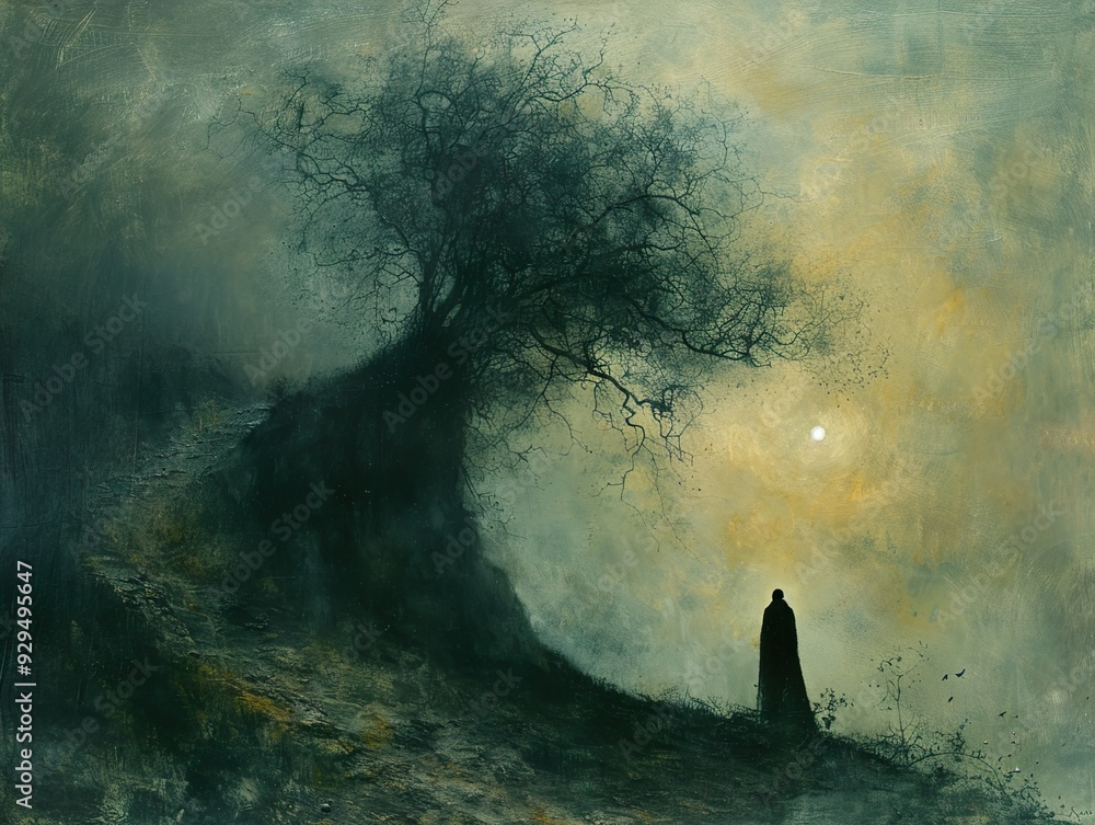 Silhouette of a Figure in a Misty Landscape Silhouette of a Figure in a Misty Landscape