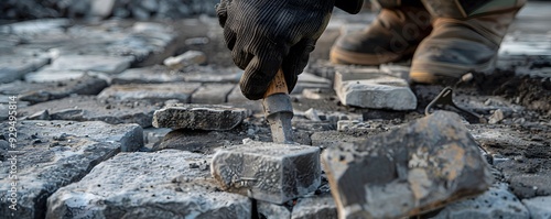 Worker's Hand Using a Chisel to Break Up Concrete photo