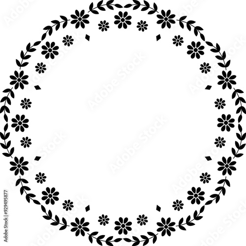 Black silhouette small Scandinavian style flowers plate border frame