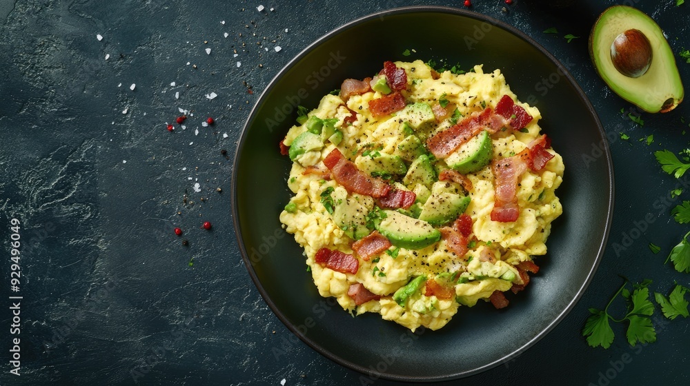 A keto-friendly breakfast of scrambled eggs with bacon and avocado, with space for promotional content. A keto-friendly breakfast of scrambled eggs with bacon and avocado, with space for promotional content.
