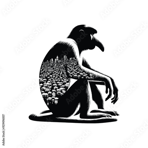 silhouette of Proboscis monkey filled with ghetto street in rough drawing,