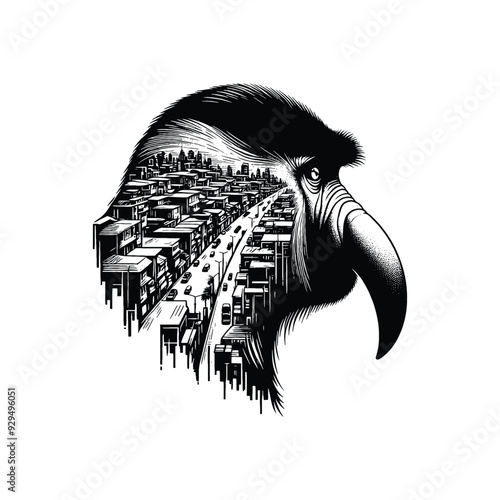 silhouette of Proboscis monkey, filled with ghetto street in rough drawing,