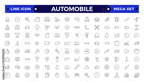 Automobile outline icon set. Shipping And Courier icon. Containing order tracking, delivery home, warehouse, truck, scooter, courier Sea Air, Date, Return Search Parcel and cargo icons.
