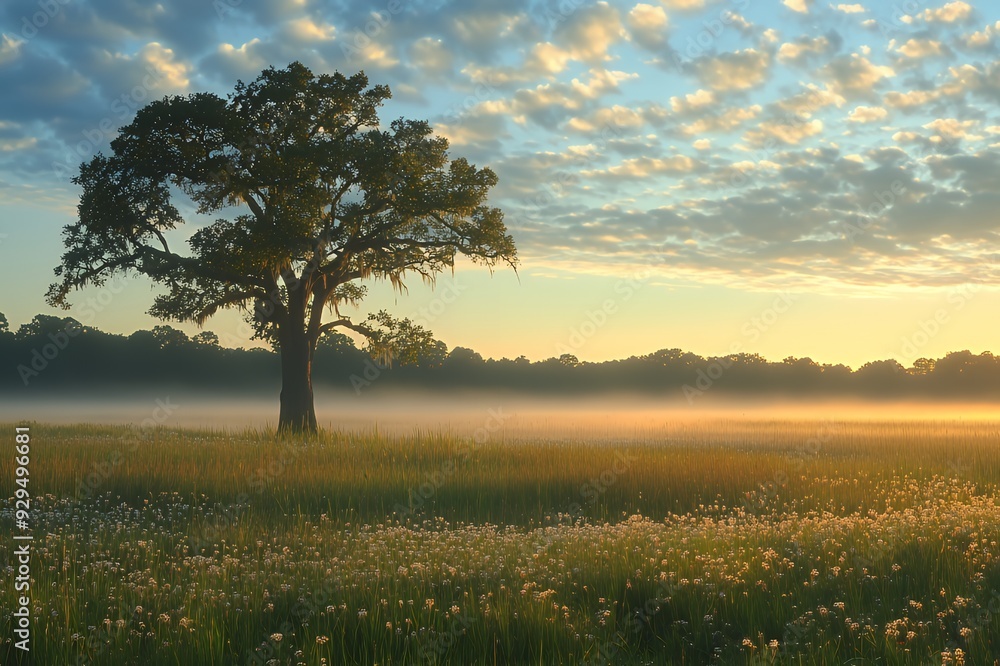 A serene landscape featuring a solitary tree in a misty field at sunrise. A serene landscape featuring a solitary tree in a misty field at sunrise.