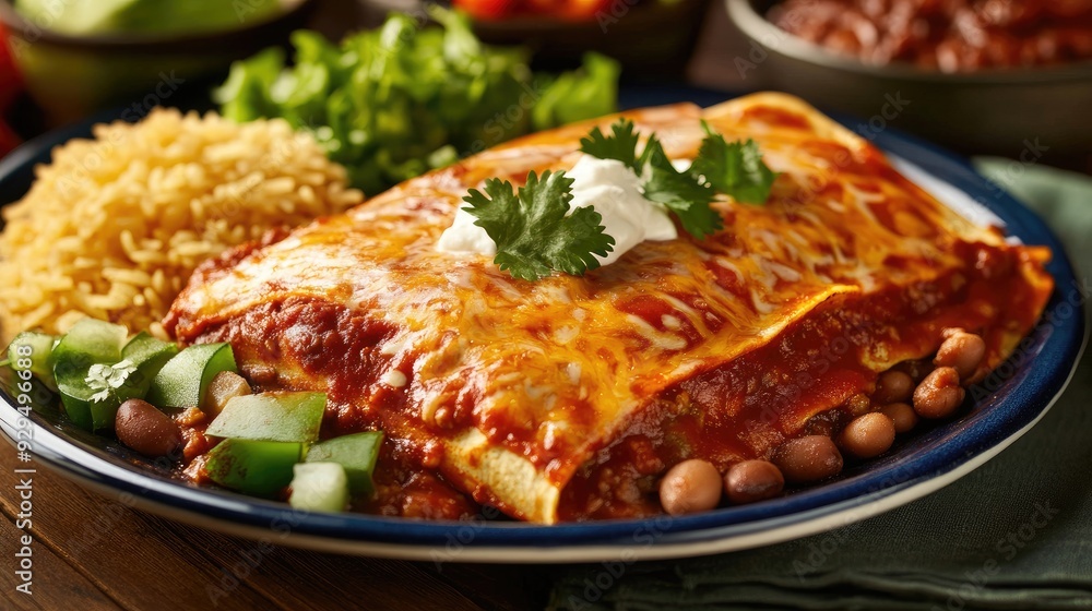 A plate of enchiladas with a side of rice and beans, with ample space for menu content. A plate of enchiladas with a side of rice and beans, with ample space for menu content.