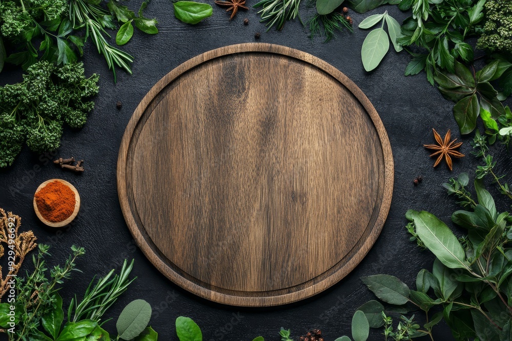 Rustic Chef's Canvas: Empty wooden board on dark background, adorned with fresh herbs and spices, inviting culinary creativity. Rustic Chef's Canvas: Empty wooden board on dark background, adorned with fresh herbs and spices, inviting culinary creativity.