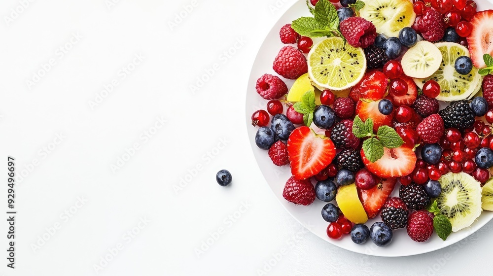 A plate of fresh berries and sliced fruits on a white background, with space for text around. A plate of fresh berries and sliced fruits on a white background, with space for text around.