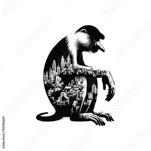 silhouette of Proboscis monkey filled with graffiti street wall in rough drawing, photo