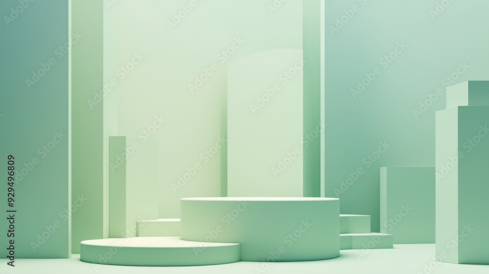 Green podium background with a platform in a 3D studio presentation stage. Features a light abstract pedestal and simple floor stand against a pastel green color backdrop.  