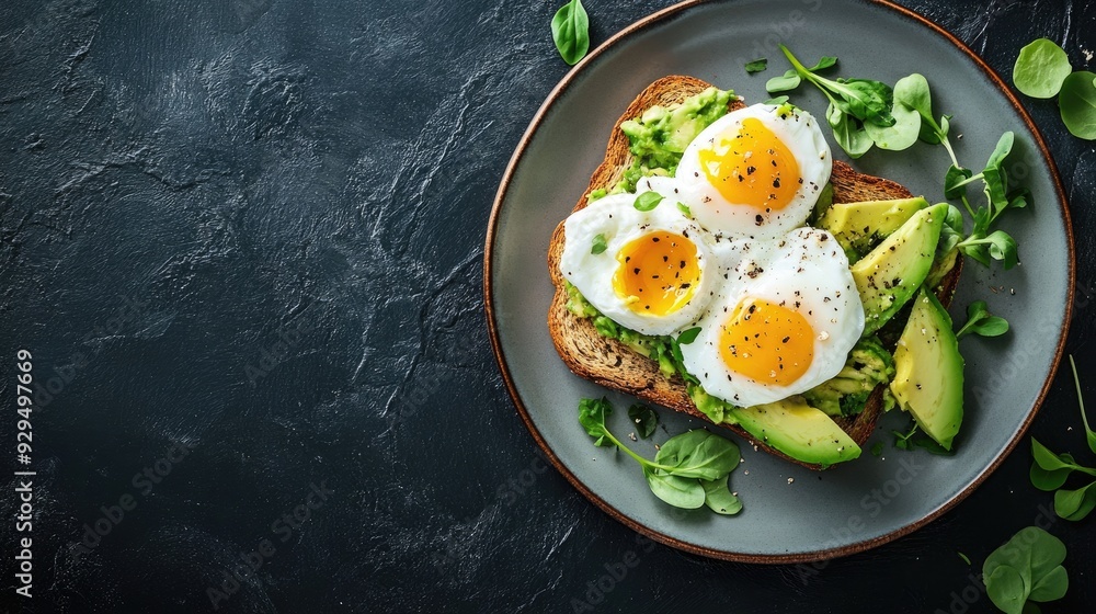 A plate of whole-grain toast with avocado and poached eggs, with space for branding or text. A plate of whole-grain toast with avocado and poached eggs, with space for branding or text.