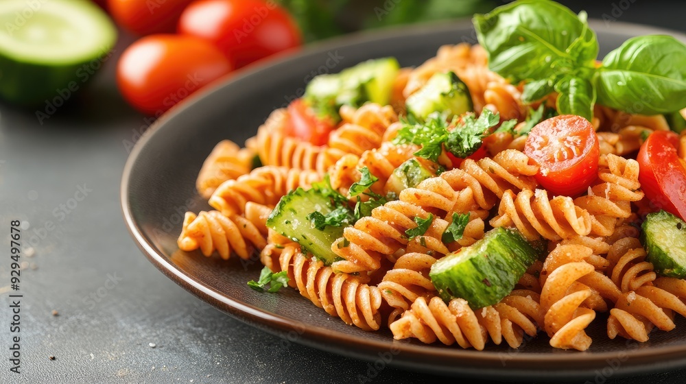 A plate of whole-wheat pasta with a side of fresh vegetables, with space for copy or branding. A plate of whole-wheat pasta with a side of fresh vegetables, with space for copy or branding.