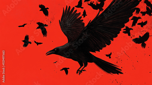 Halloween  raven on a red background., Generative AI.
