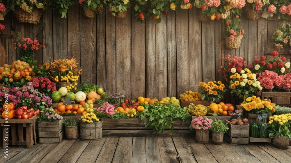 Naklejka premium A rustic farmers market stall with fresh organic produce and flowers, with ample space for copy.
