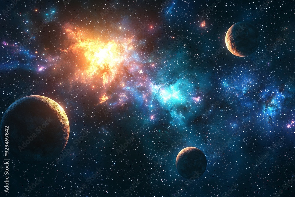 Space cosmic illustration with planets scene created with Generative AI Space cosmic illustration with planets scene created with Generative AI
