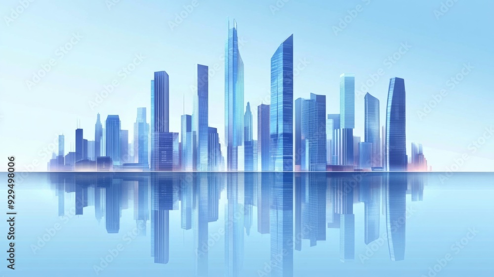 Obraz premium Modern skyscrapers of a smart city with a futuristic financial district, featuring a graphic perspective of buildings and reflections. Ideal for corporate and business brochure templates 