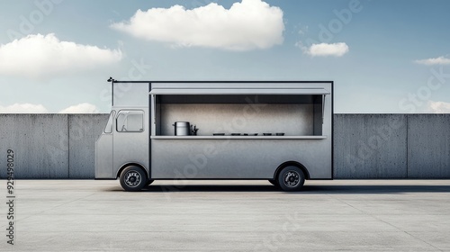 A sleek food truck on a blank concrete lot, ready for logo placement. Simple urban scenery with space around the truck.