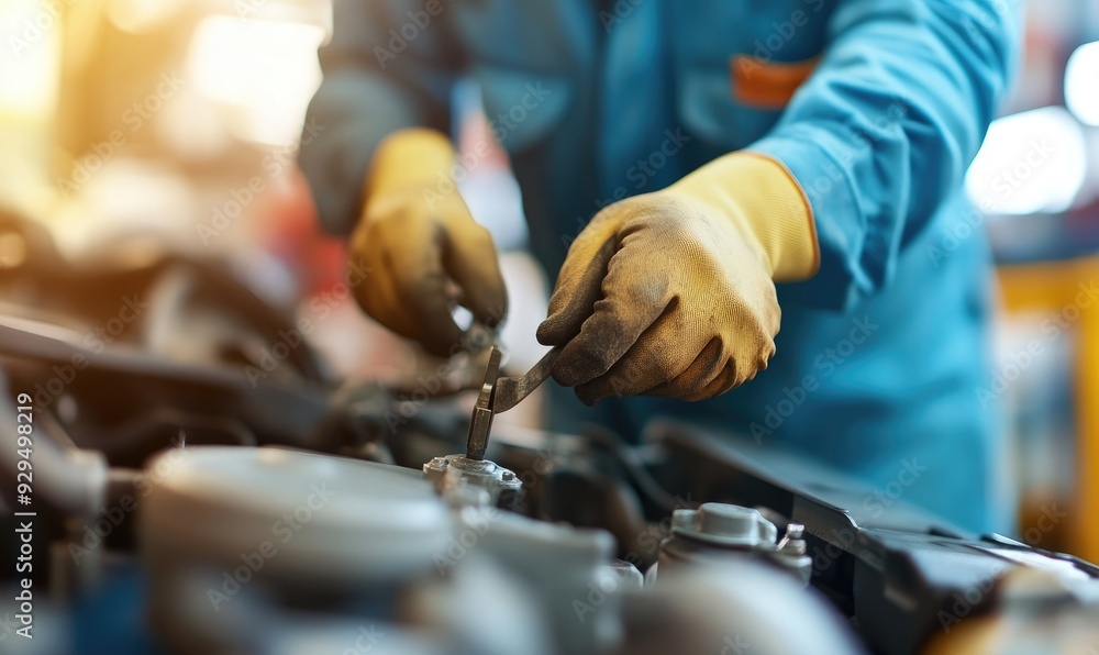 Car Maintenance Technician Working on Engine in a Professional Garage Car Maintenance Technician Working on Engine in a Professional Garage