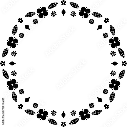 Black silhouette Flowers elements round frame in. Childish style invitation border