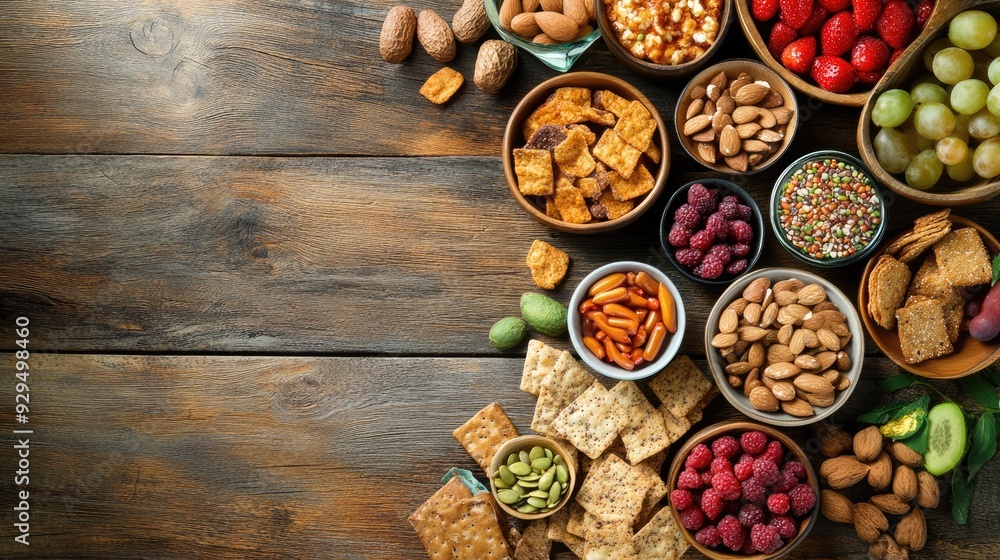 A variety of healthy snacks laid out on a rustic wooden table, with space for promotional content. A variety of healthy snacks laid out on a rustic wooden table, with space for promotional content.