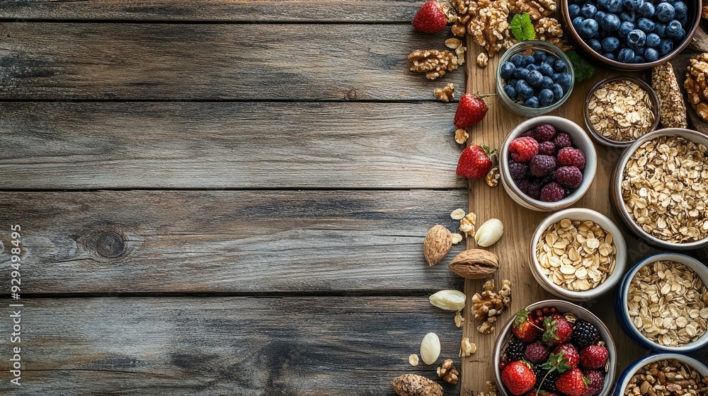 A variety of healthy snacks laid out on a rustic wooden table, with space for promotional content. A variety of healthy snacks laid out on a rustic wooden table, with space for promotional content.