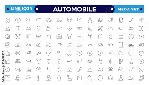 Automobile outline icon set. Shipping And Courier icon. Containing order tracking, delivery home, warehouse, truck, scooter, courier Sea Air, Date, Return Search Parcel.Editable stroke outline icon. 
