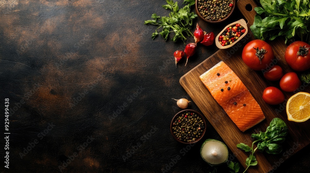 A wooden cutting board with a variety of healthy foods, with ample space for text on the side. A wooden cutting board with a variety of healthy foods, with ample space for text on the side.