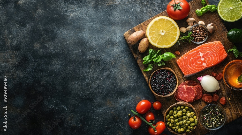 A wooden cutting board with a variety of healthy foods, with ample space for text on the side. A wooden cutting board with a variety of healthy foods, with ample space for text on the side.