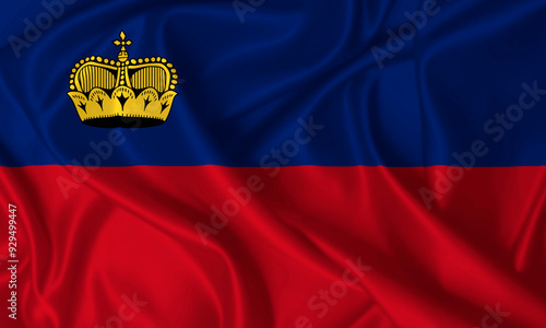 Flag Principality of Liechtenstein waving in the wind on silk texture