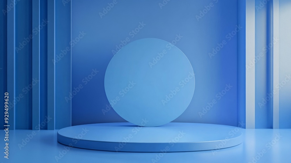 Podium background with a blue platform in a 3D studio stage. Features a modern, abstract floor and minimal space with a light pedestal for product display Podium background with a blue platform in a 3D studio stage. Features a modern, abstract floor and minimal space with a light pedestal for product display