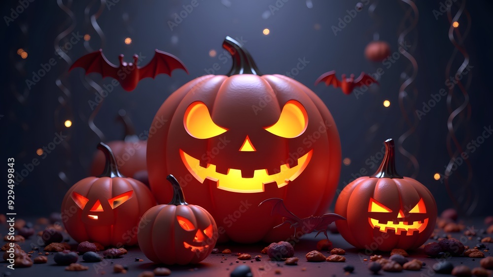 Naklejka premium Glowing jack-o'-lanterns surrounded by hanging bats, ribbons, and soft festive lights