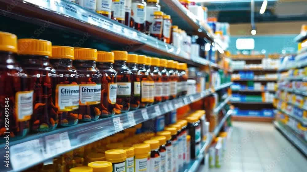 Colorful bottles of health supplements are lined up on pharmacy shelves, showcasing various brands and types available for purchase. Colorful bottles of health supplements are lined up on pharmacy shelves, showcasing various brands and types available for purchase.