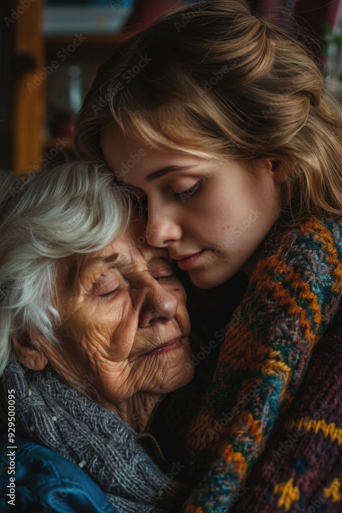 A young girl gives a warm hug to an elderly woman, conveying love and companionship A young girl gives a warm hug to an elderly woman, conveying love and companionship