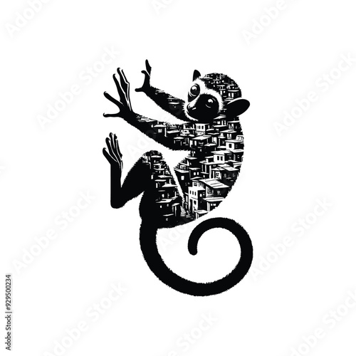 silhouette of Tarsier filled with ghetto street in rough drawing,