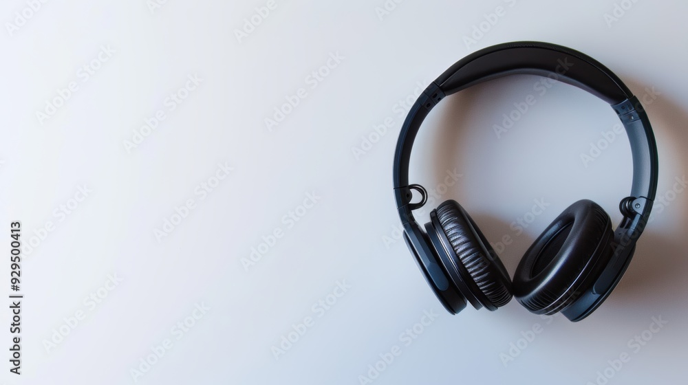 Stylish black wireless headphones showcased on a white table, merging contemporary style and innovative technology for music aficionados Stylish black wireless headphones showcased on a white table, merging contemporary style and innovative technology for music aficionados