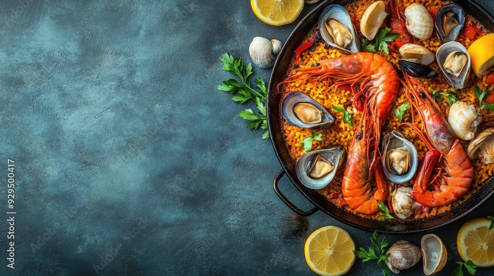 Coastal seafood menu with copy space, including images of seafood paella and shellfish platters. Coastal seafood menu with copy space, including images of seafood paella and shellfish platters.