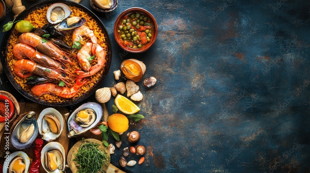 Coastal seafood menu with copy space, including images of seafood paella and shellfish platters. Coastal seafood menu with copy space, including images of seafood paella and shellfish platters.