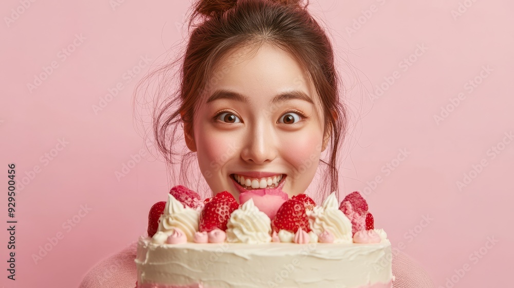 Excited Korean woman and birthday cake. Birthday celebration Excited Korean woman and birthday cake. Birthday celebration