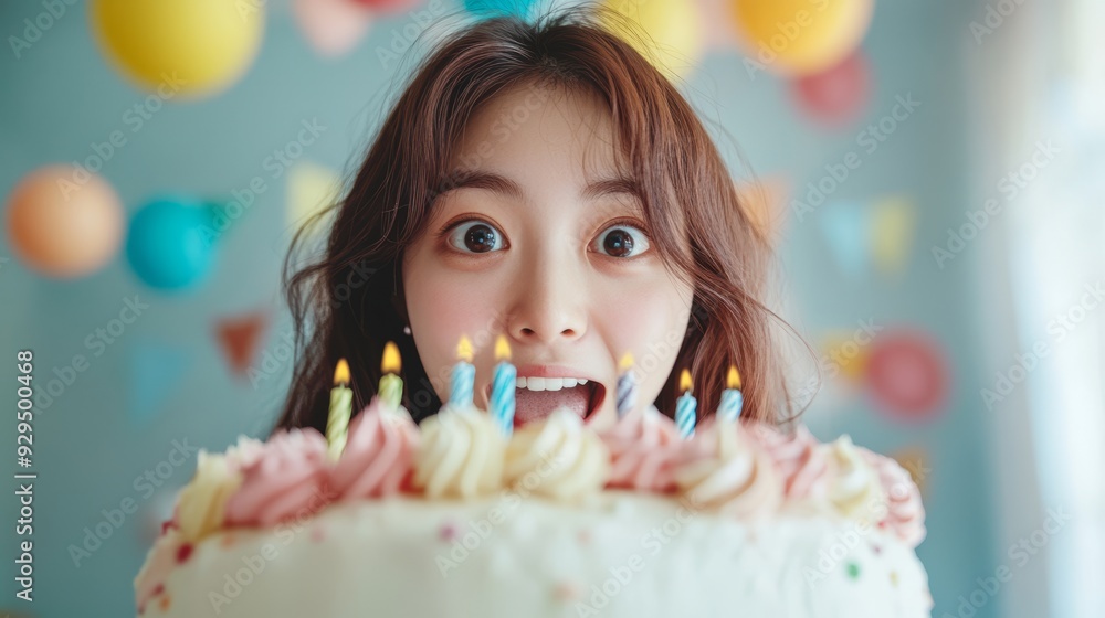 Excited Korean woman and birthday cake. Birthday celebration Excited Korean woman and birthday cake. Birthday celebration