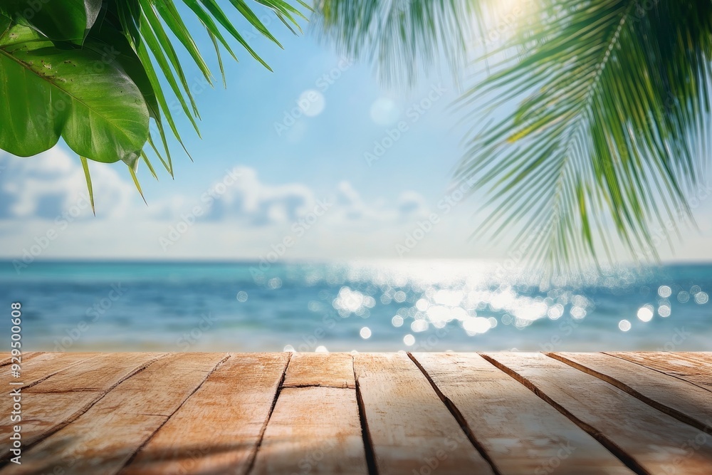Summer Table And Sea With Blurred Leaves Palm And Defocused Bokeh Light On Ocean - Wooden Plank In Abstract Landscape , ai Summer Table And Sea With Blurred Leaves Palm And Defocused Bokeh Light On Ocean - Wooden Plank In Abstract Landscape , ai
