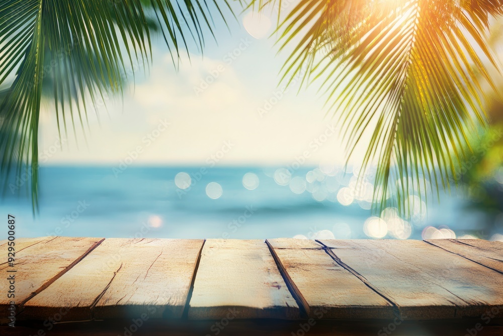 Summer Table And Sea With Blurred Leaves Palm And Defocused Bokeh Light On Ocean - Wooden Plank In Abstract Landscape , ai Summer Table And Sea With Blurred Leaves Palm And Defocused Bokeh Light On Ocean - Wooden Plank In Abstract Landscape , ai