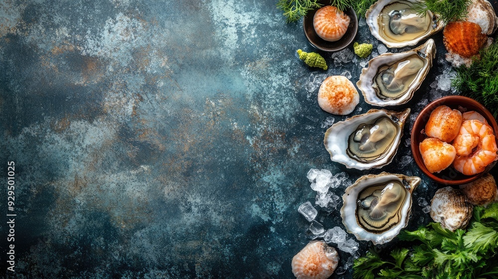 Elegant arrangement of fresh seafood with copy space, highlighting a selection of oysters and scallops. Elegant arrangement of fresh seafood with copy space, highlighting a selection of oysters and scallops.